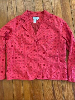Coldwater Creek Red Floral Eyelet Embroidered Cotton Fall Blazer Jacket L